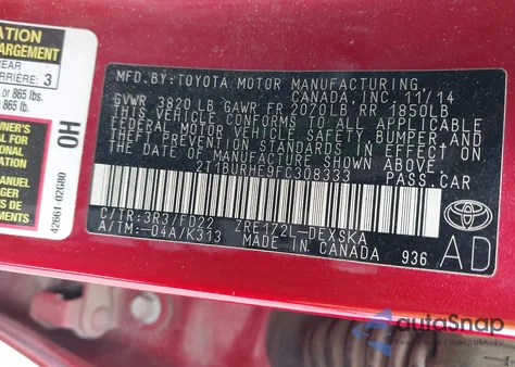 2015 Toyota Corolla S Plus from USA, damaged, VIN 2T1BURHE9FC308333